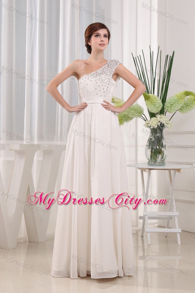 Long White Pageant Gown with Beaded One Shoulder