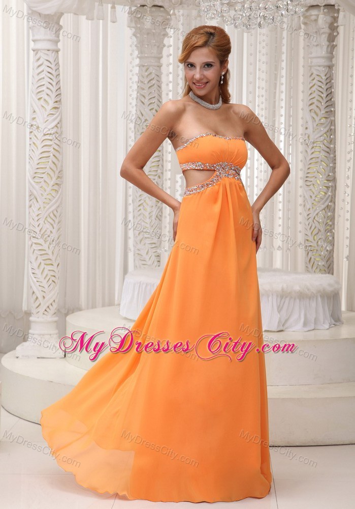 Long Orange Empire Prom for Pageant with Beading