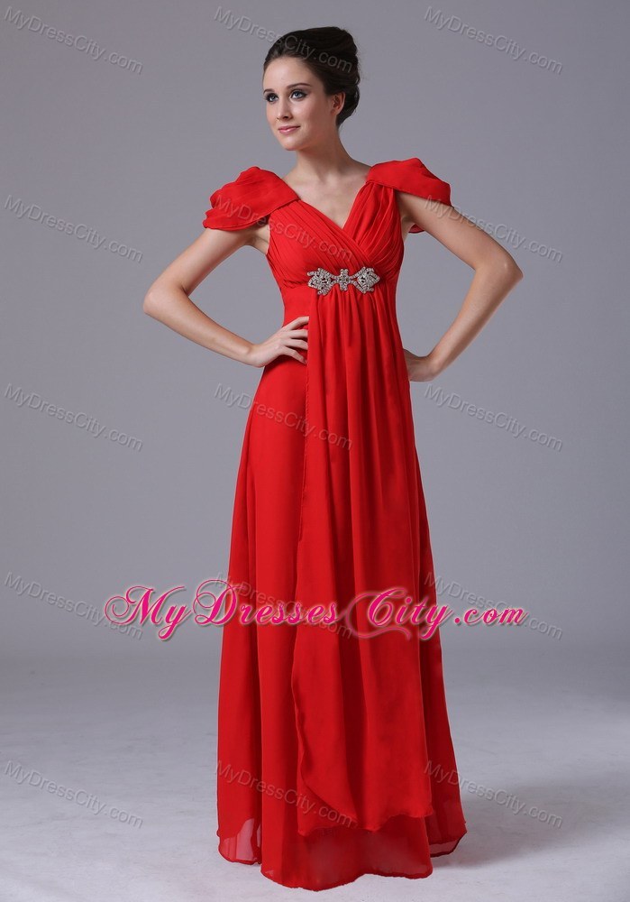 Long Red Ruched Pageant Dress with Beading and Cap Sleeves