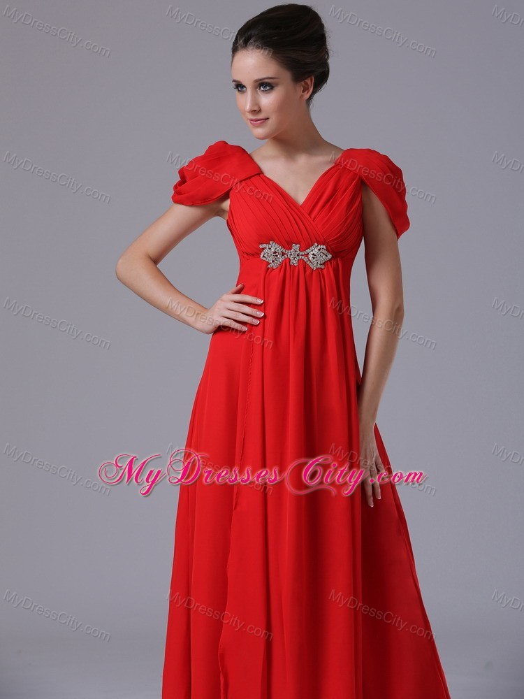 Long Red Ruched Pageant Dress with Beading and Cap Sleeves