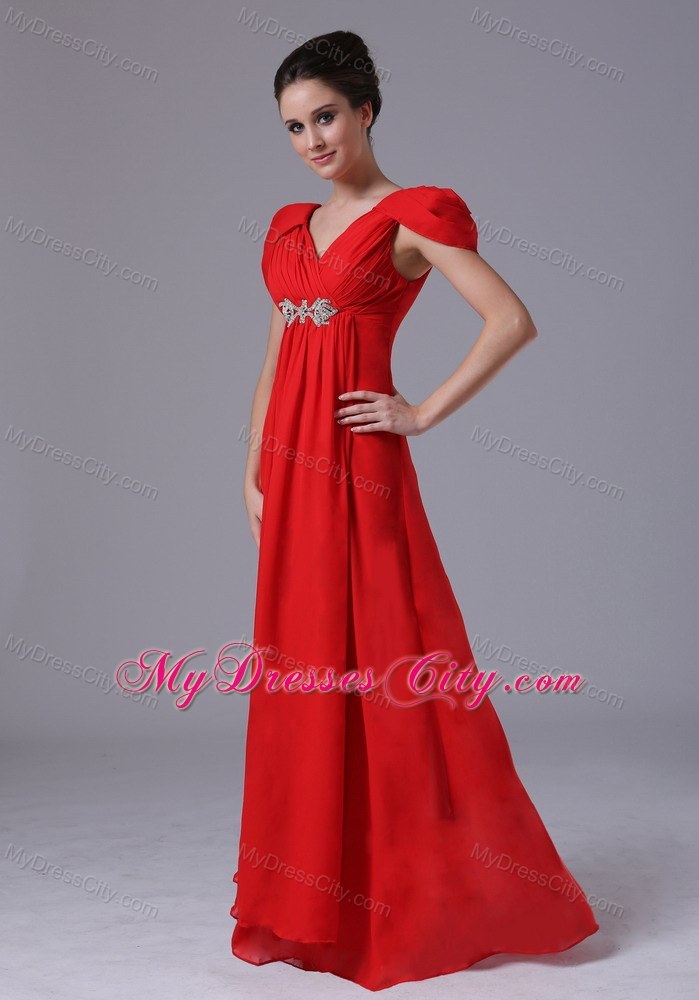 Long Red Ruched Pageant Dress with Beading and Cap Sleeves