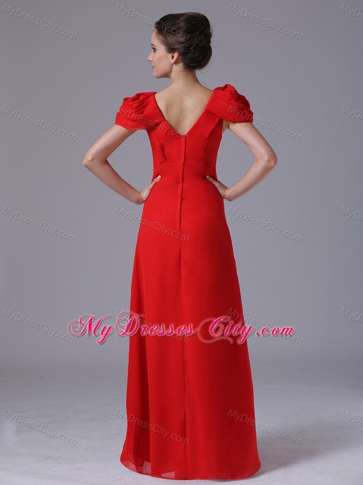 Long Red Ruched Pageant Dress with Beading and Cap Sleeves