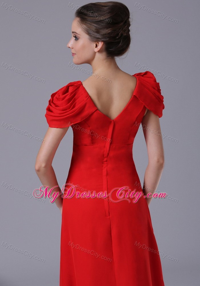 Long Red Ruched Pageant Dress with Beading and Cap Sleeves