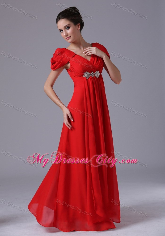 Long Red Ruched Pageant Dress with Beading and Cap Sleeves