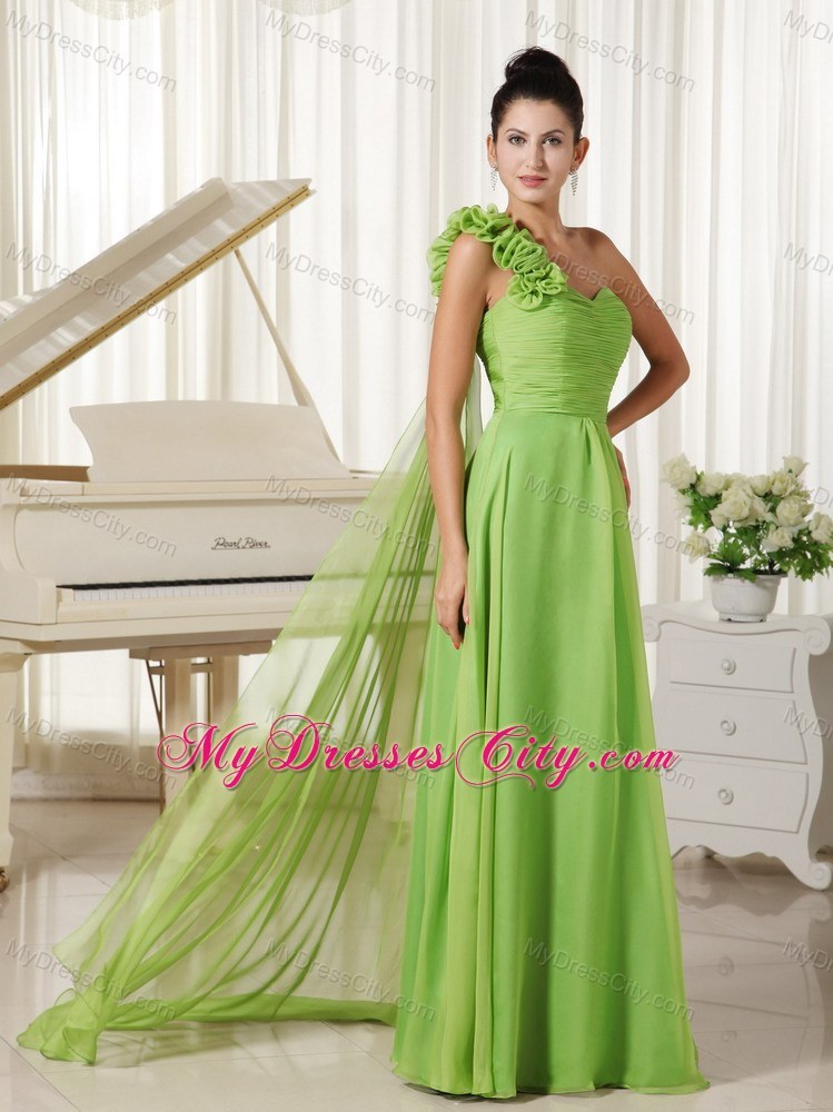 Spring Green One Flowery Shoulder Pageant Dress with Train