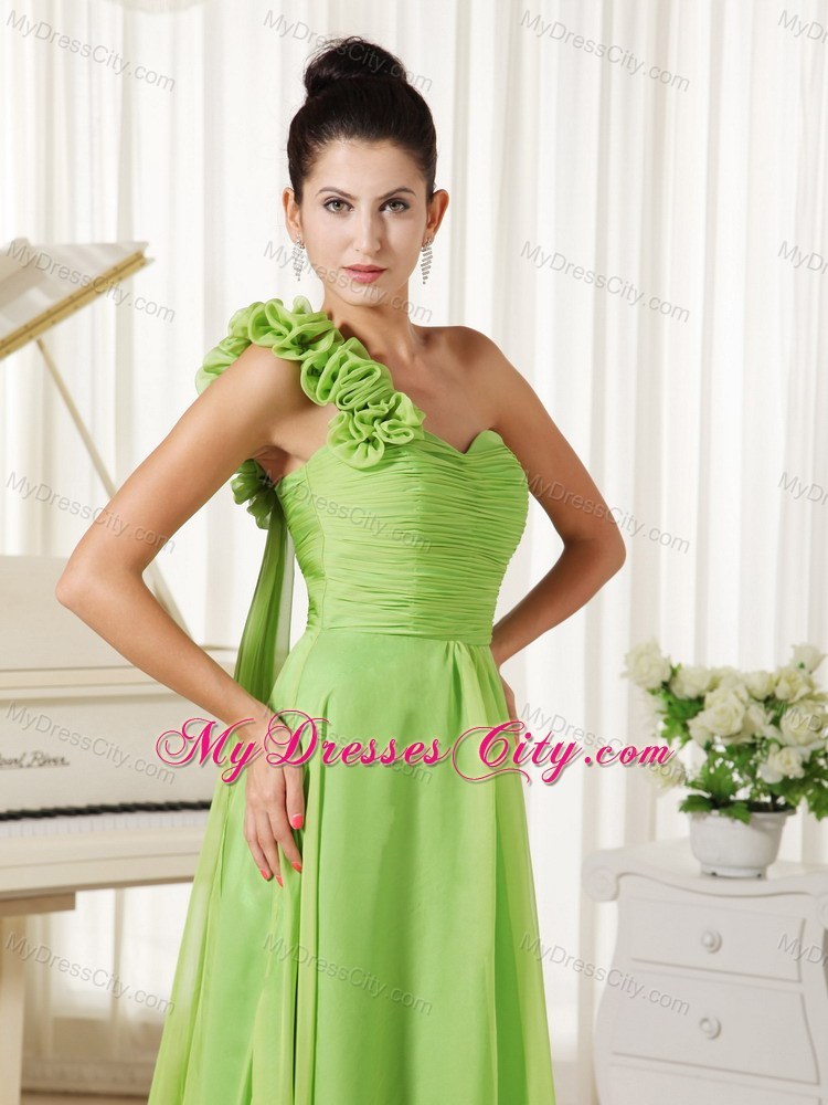 Spring Green One Flowery Shoulder Pageant Dress with Train