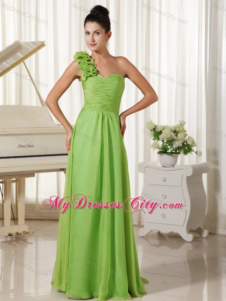 Spring Green One Flowery Shoulder Pageant Dress with Train