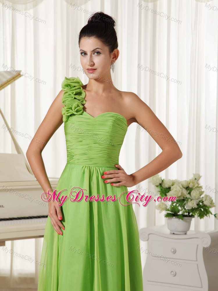 Spring Green One Flowery Shoulder Pageant Dress with Train