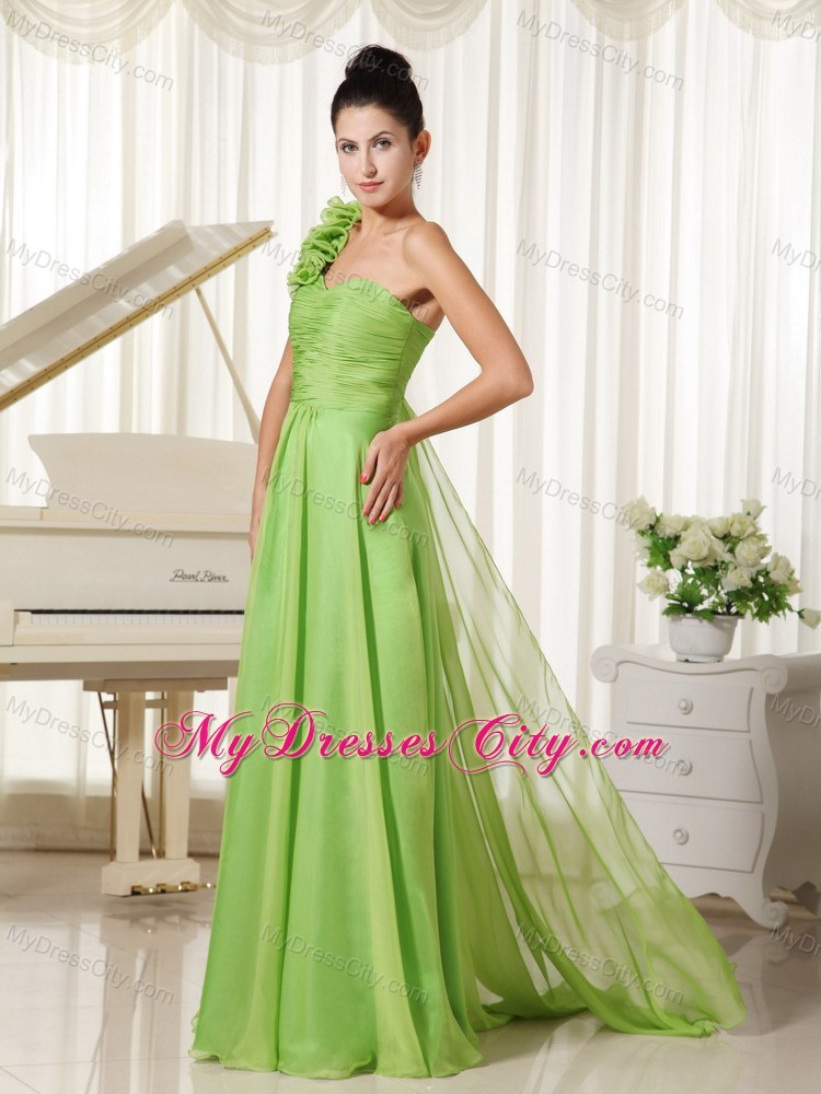 Spring Green One Flowery Shoulder Pageant Dress with Train