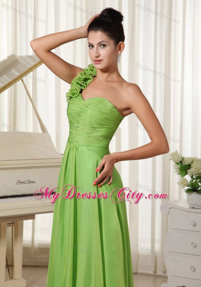 Spring Green One Flowery Shoulder Pageant Dress with Train