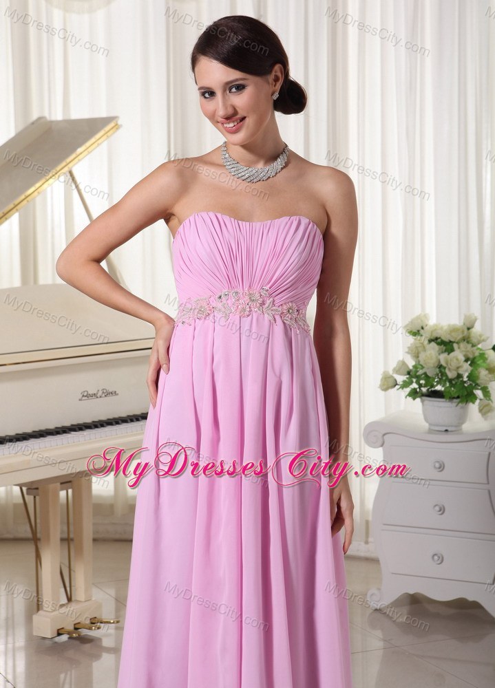 Ruched Sweetheart Baby Pink Prom Party Dress with Appliques