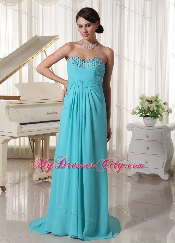 Beaded Sweetheart Aqua Blue Ruched Pageant Dress With Train