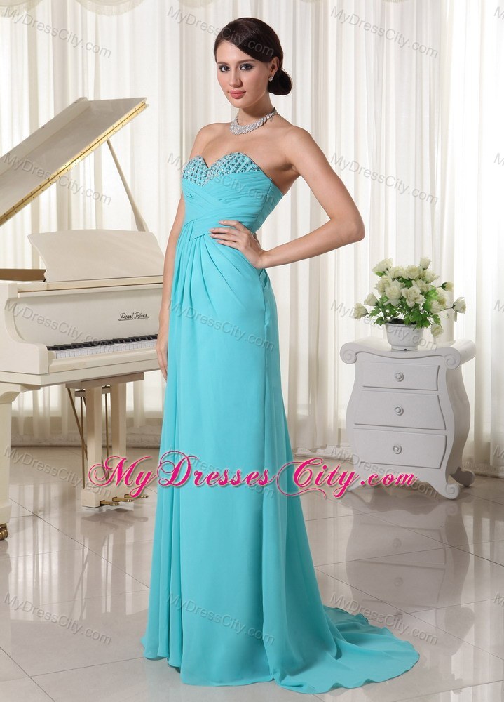 Beaded Sweetheart Aqua Blue Ruched Pageant Dress With Train