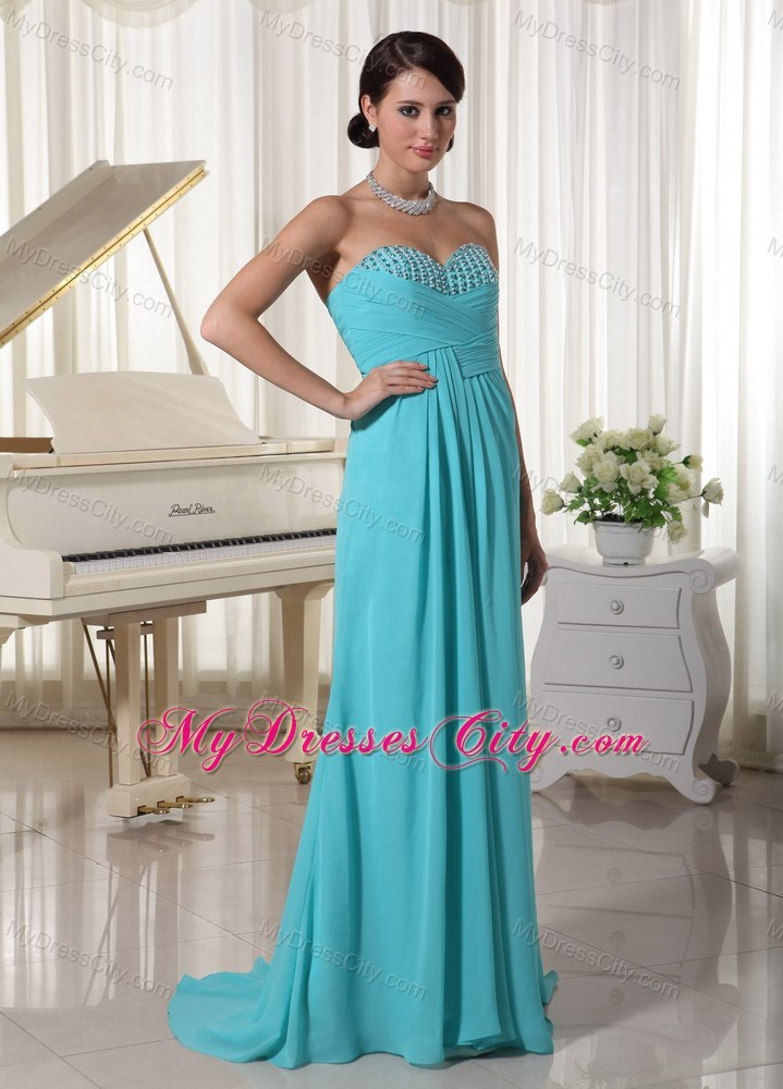 Beaded Sweetheart Aqua Blue Ruched Pageant Dress With Train