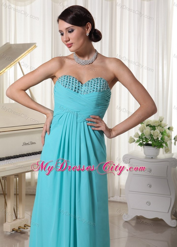 Beaded Sweetheart Aqua Blue Ruched Pageant Dress With Train