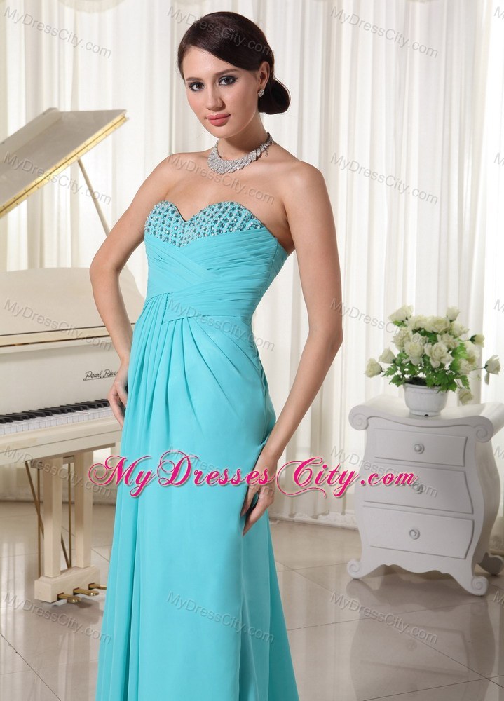 Beaded Sweetheart Aqua Blue Ruched Pageant Dress With Train