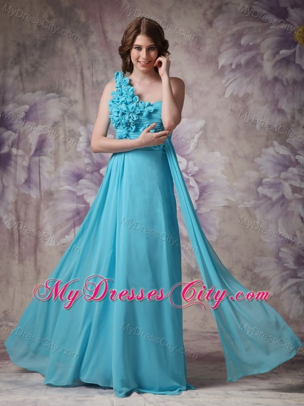 Romantic Blue Empire One Shoulder Ruched Flower Prom Dress