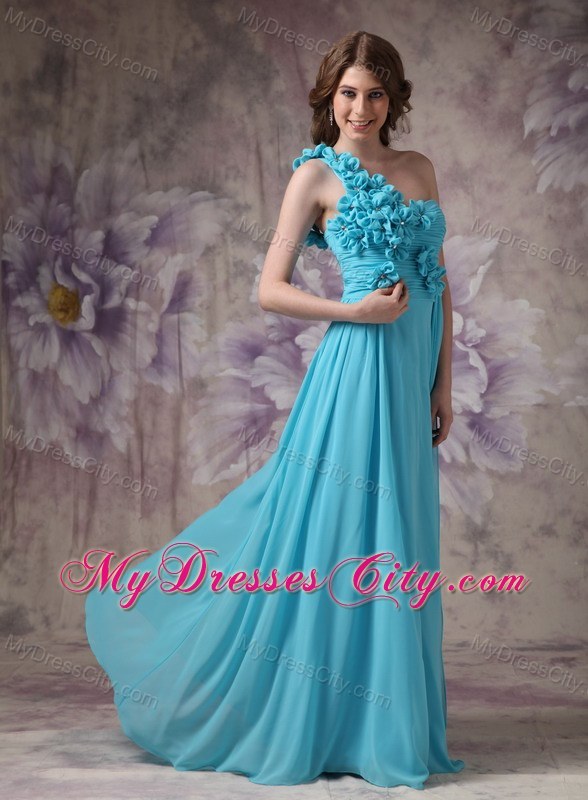 Romantic Blue Empire One Shoulder Ruched Flower Prom Dress