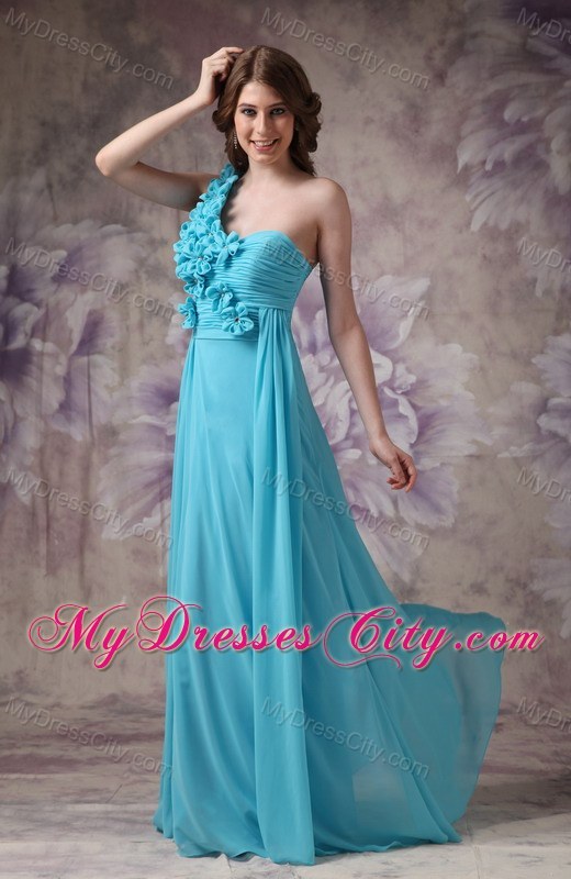 Romantic Blue Empire One Shoulder Ruched Flower Prom Dress