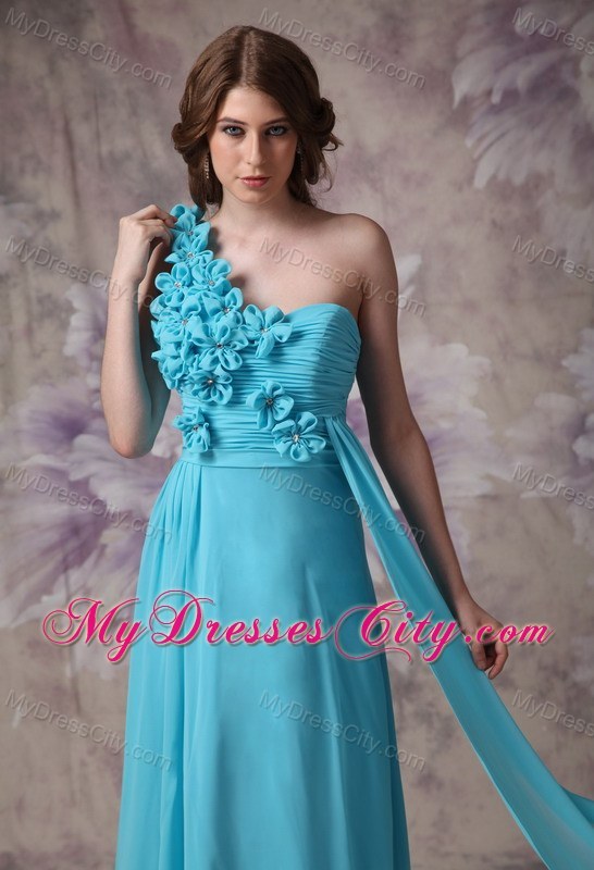 Romantic Blue Empire One Shoulder Ruched Flower Prom Dress