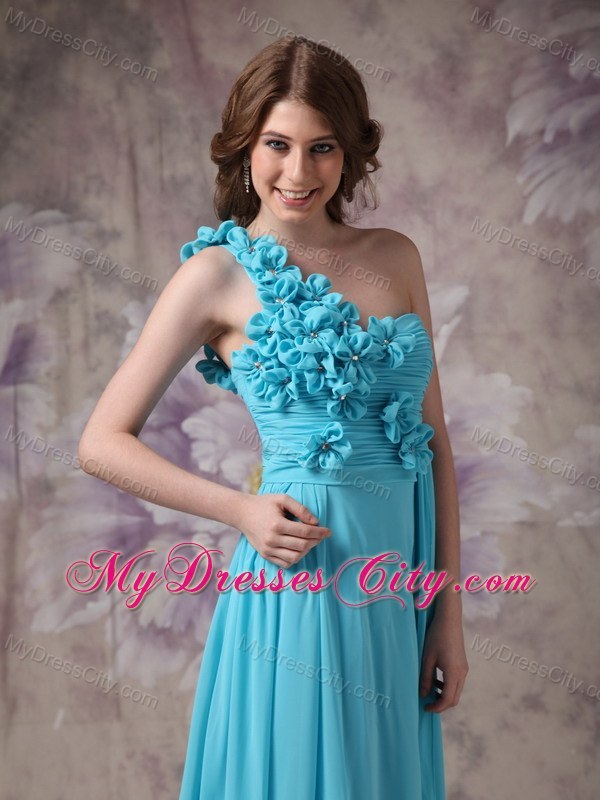 Romantic Blue Empire One Shoulder Ruched Flower Prom Dress