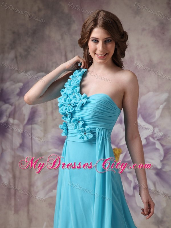 Romantic Blue Empire One Shoulder Ruched Flower Prom Dress