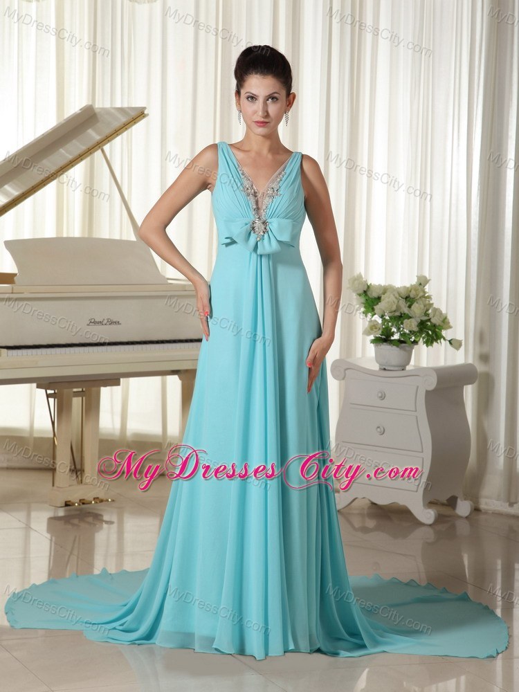 Sexy Blue V-neck Beading Prom Pageant Dress with Brush Train