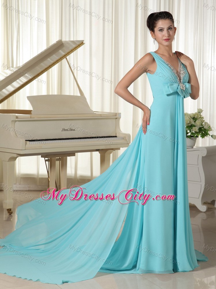 Sexy Blue V-neck Beading Prom Pageant Dress with Brush Train