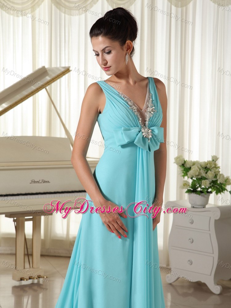 Sexy Blue V-neck Beading Prom Pageant Dress with Brush Train