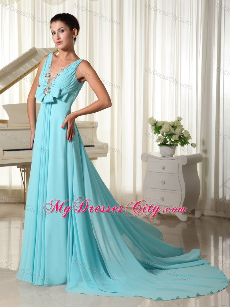 Sexy Blue V-neck Beading Prom Pageant Dress with Brush Train