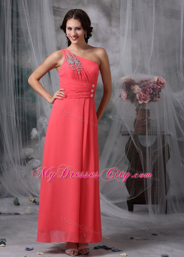 Coral Red One Shoulder Ankle-length Beading Prom Pageant Dresses