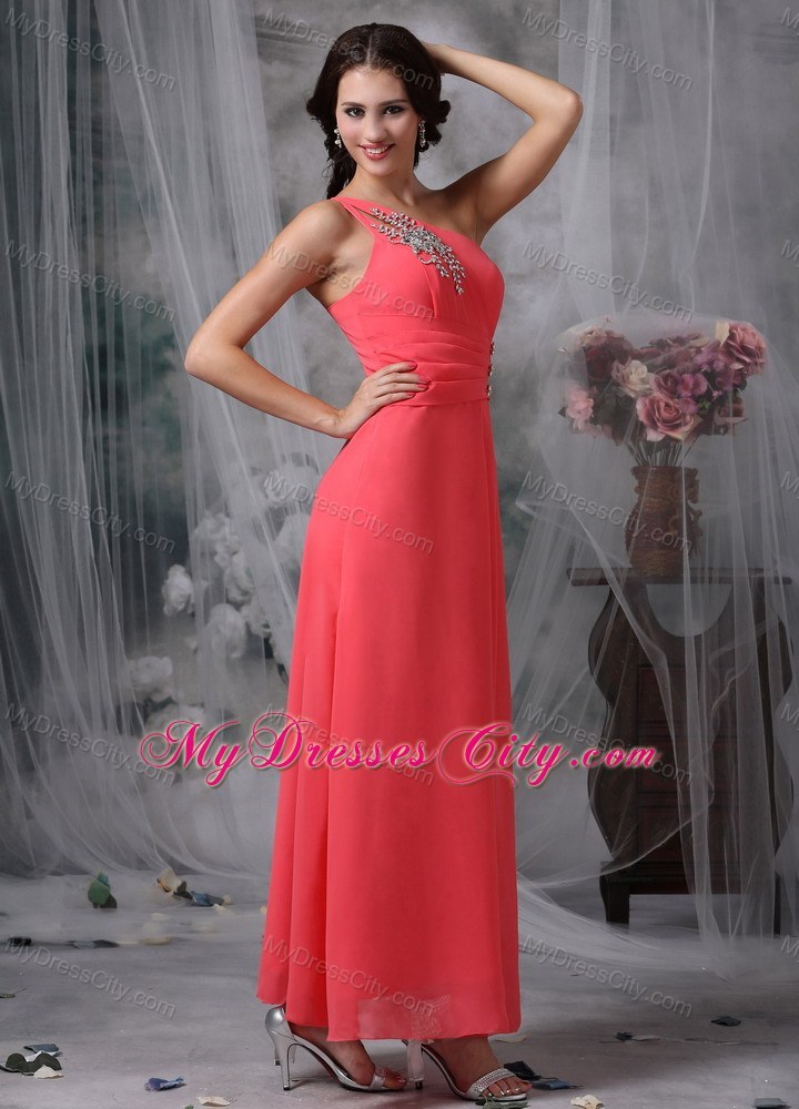 Coral Red One Shoulder Ankle-length Beading Prom Pageant Dresses