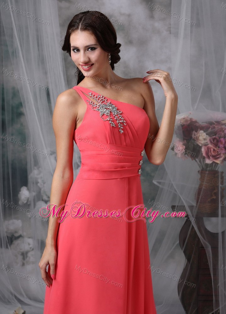 Coral Red One Shoulder Ankle-length Beading Prom Pageant Dresses