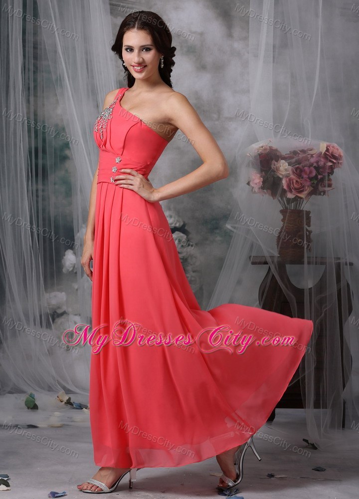 Coral Red One Shoulder Ankle-length Beading Prom Pageant Dresses