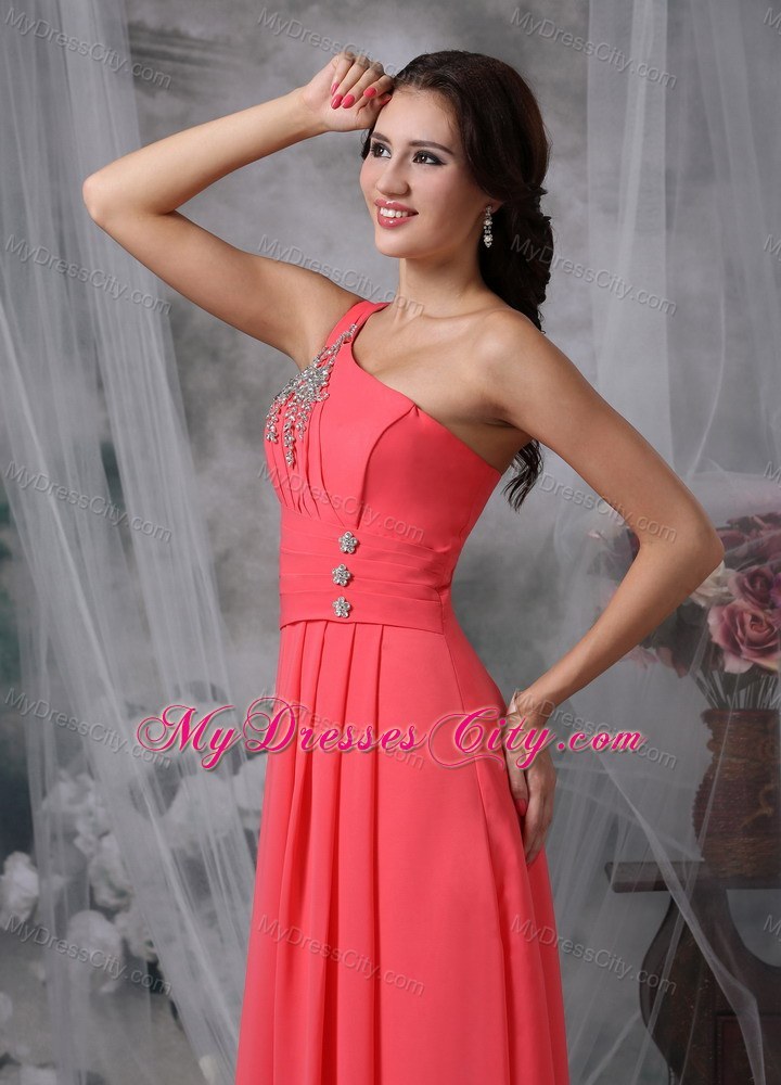 Coral Red One Shoulder Ankle-length Beading Prom Pageant Dresses