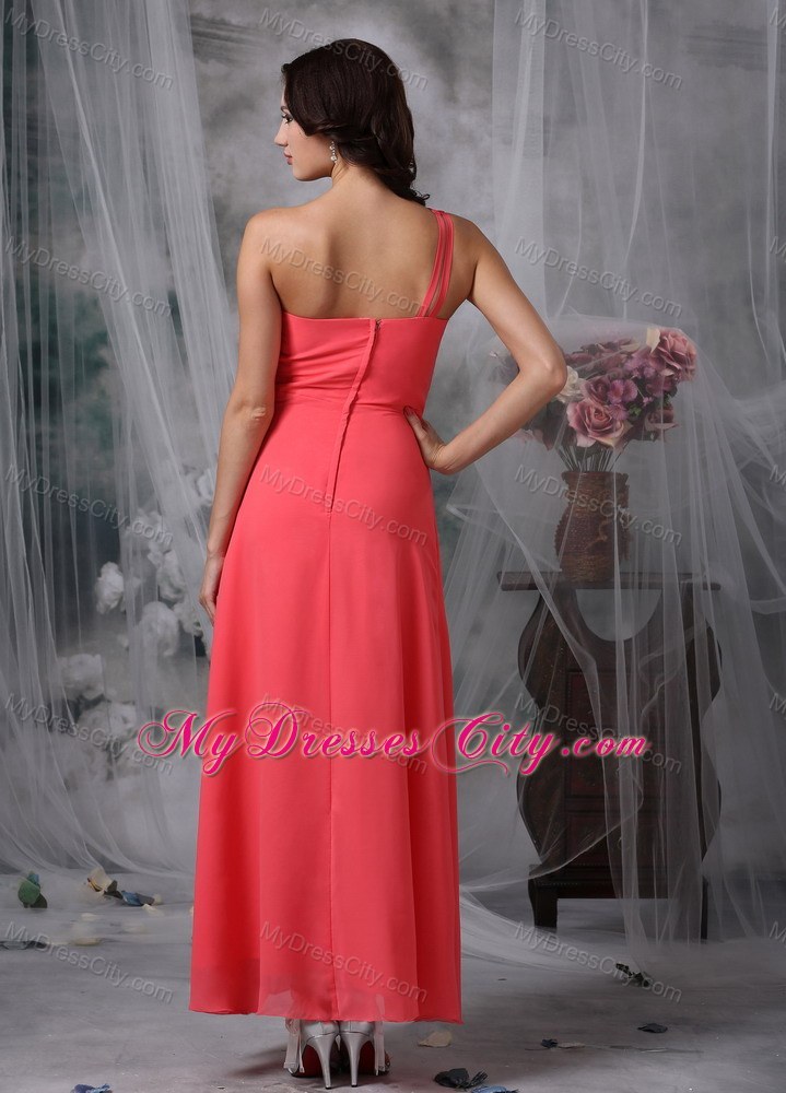 Coral Red One Shoulder Ankle-length Beading Prom Pageant Dresses