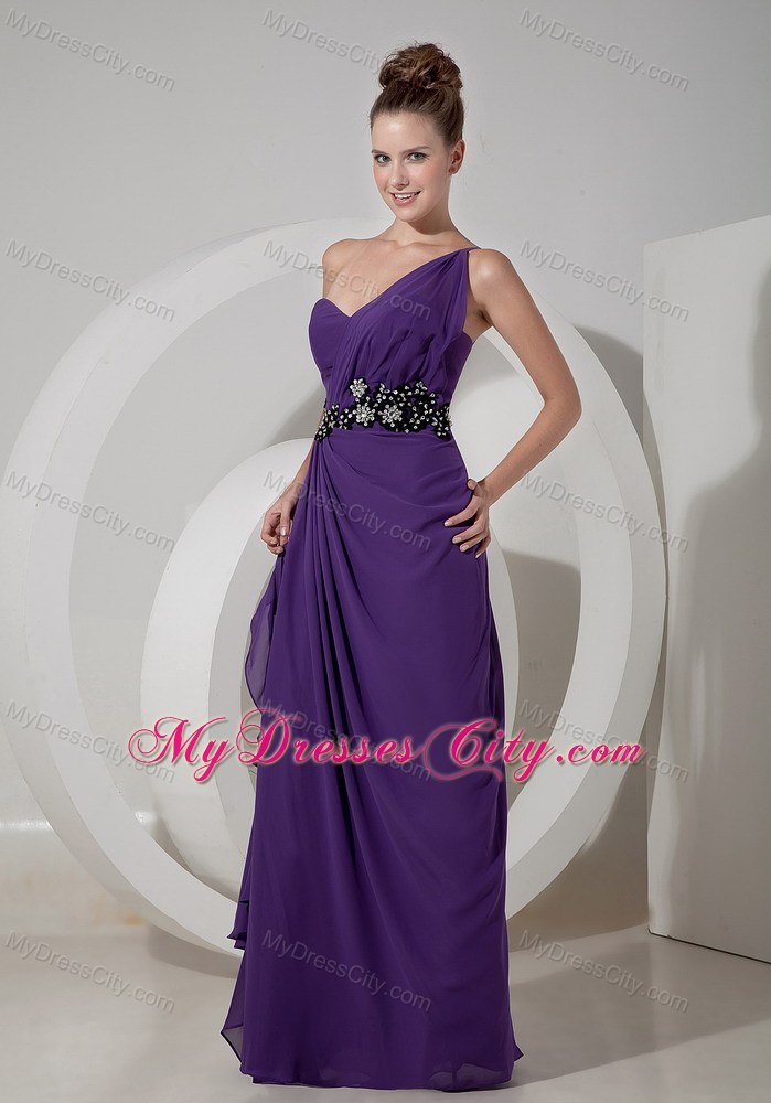 Long Beaded One Shoulder Chiffon Purple Prom Pageant Dress