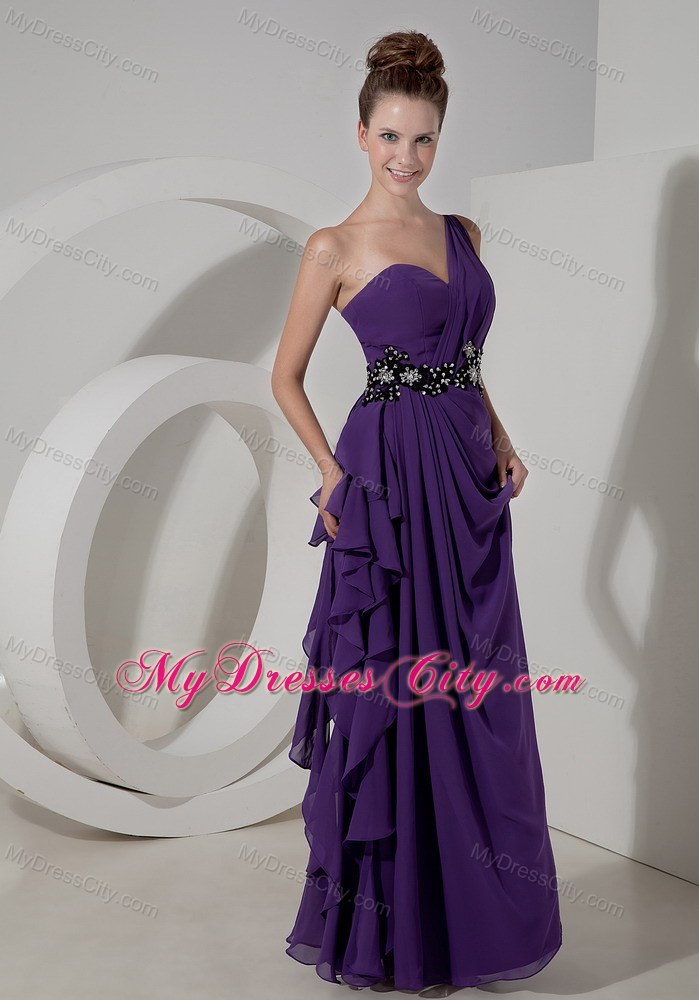 Long Beaded One Shoulder Chiffon Purple Prom Pageant Dress