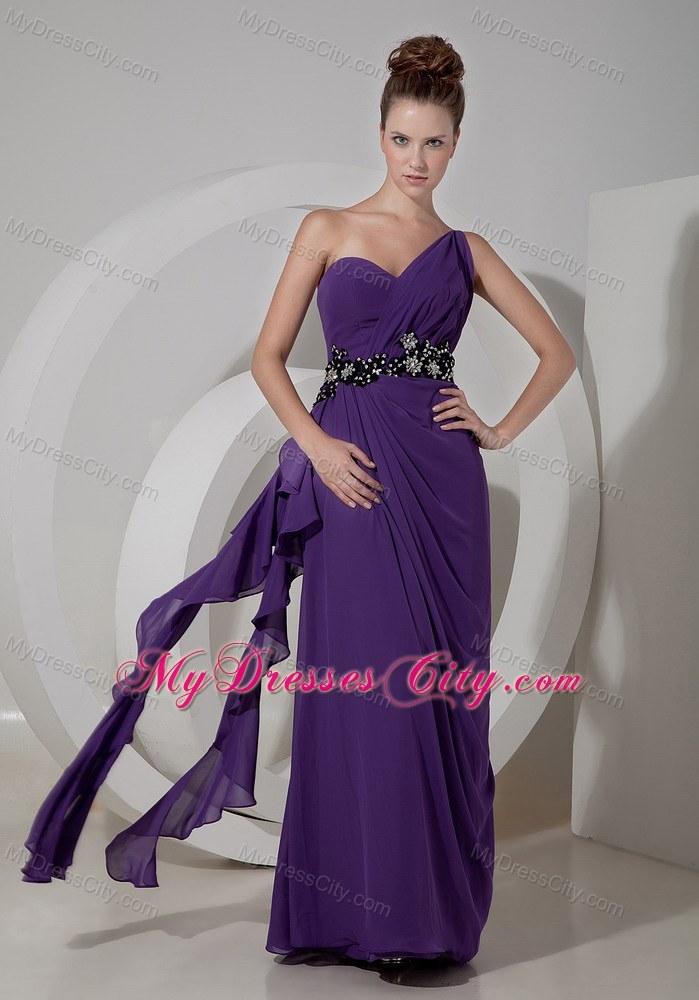 Long Beaded One Shoulder Chiffon Purple Prom Pageant Dress