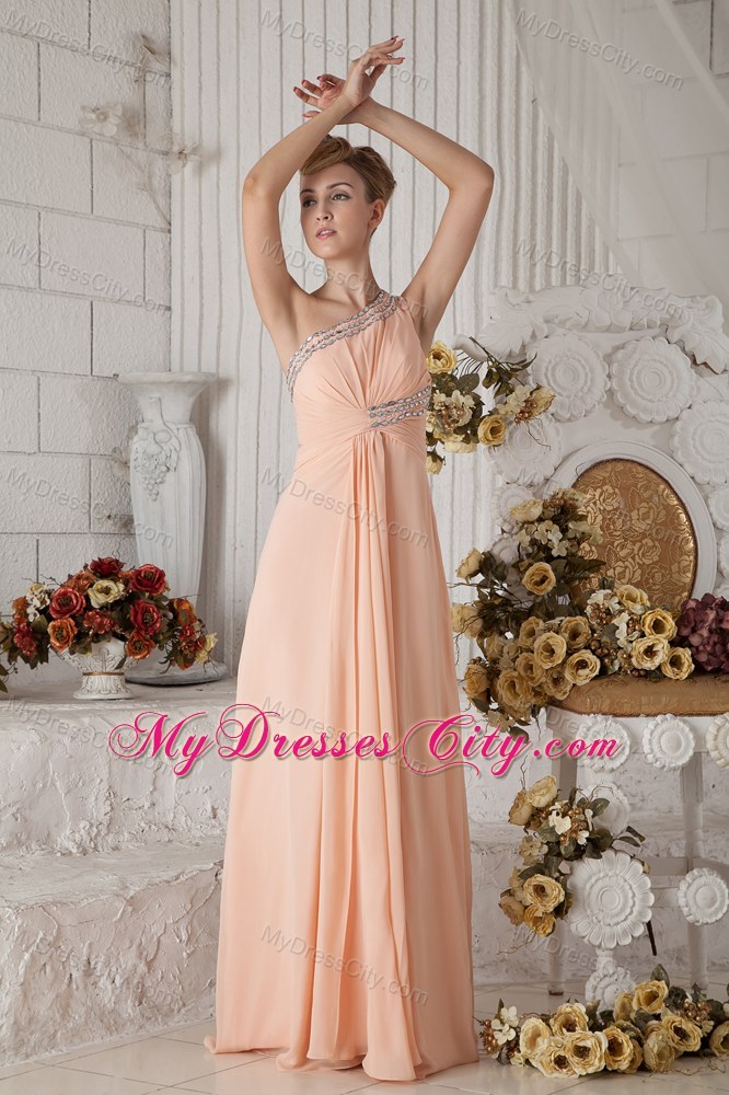 Peach Pink One Beaded Shoulder Chiffon Prom Dress Ruched