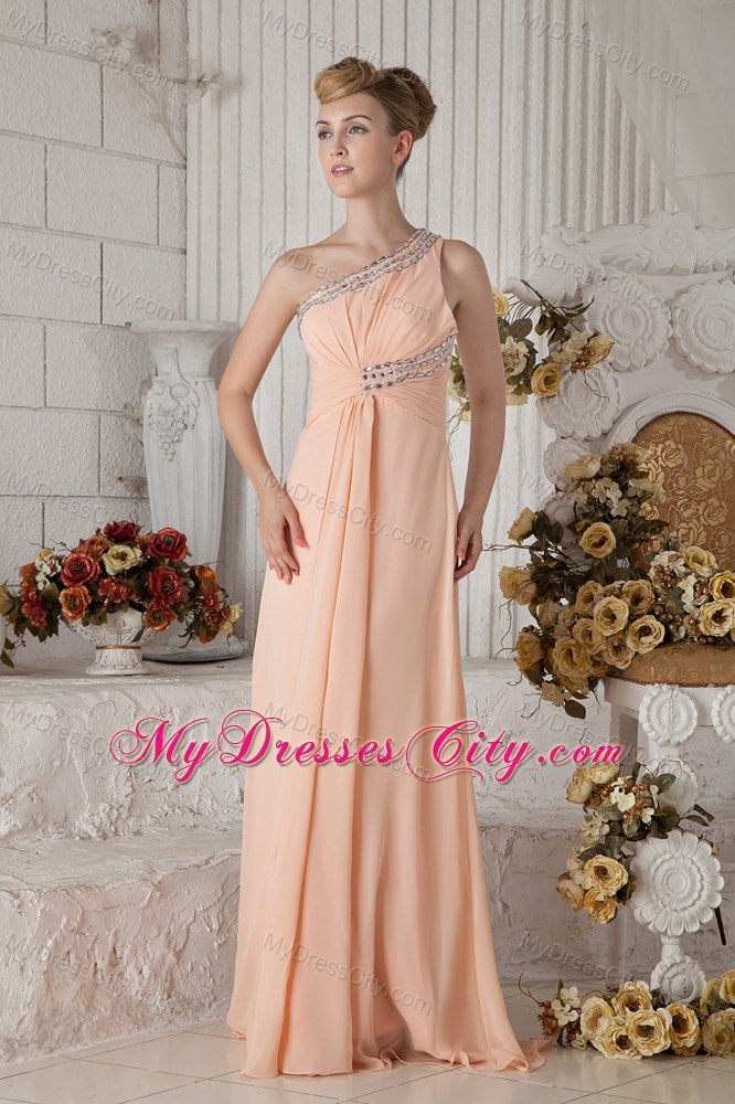 Peach Pink One Beaded Shoulder Chiffon Prom Dress Ruched