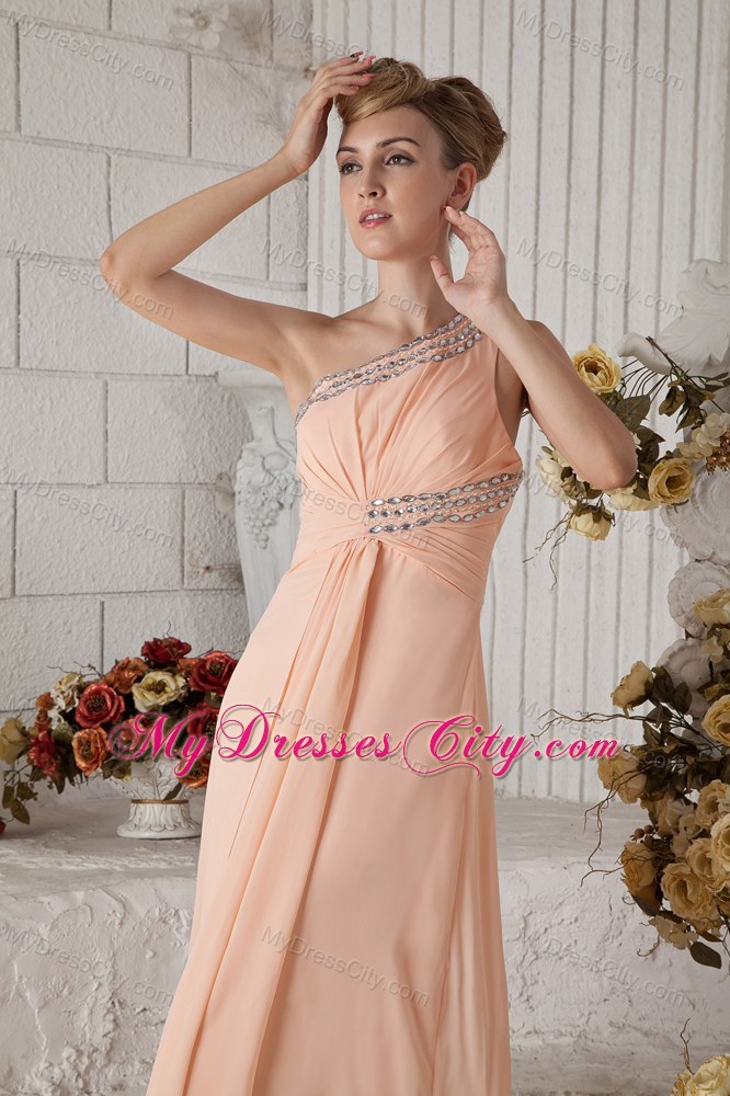 Peach Pink One Beaded Shoulder Chiffon Prom Dress Ruched