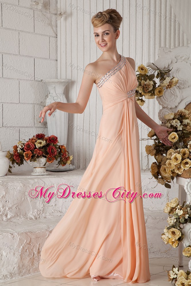 Peach Pink One Beaded Shoulder Chiffon Prom Dress Ruched