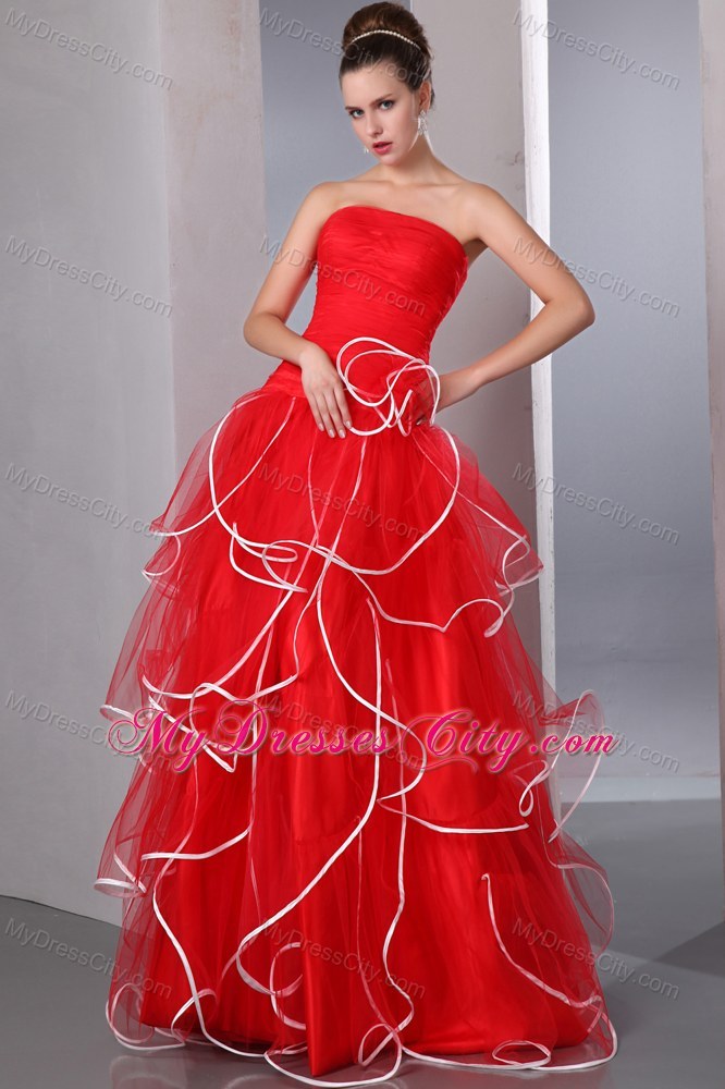 2013 Hot Red Strapless Ruffled Pageant Dress with White Hem