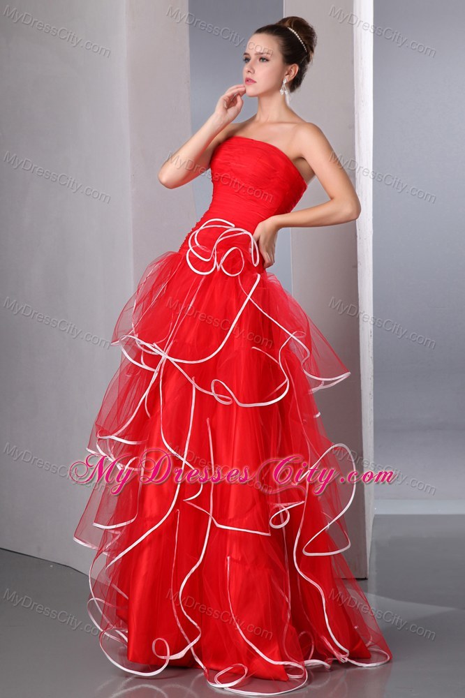 2013 Hot Red Strapless Ruffled Pageant Dress with White Hem