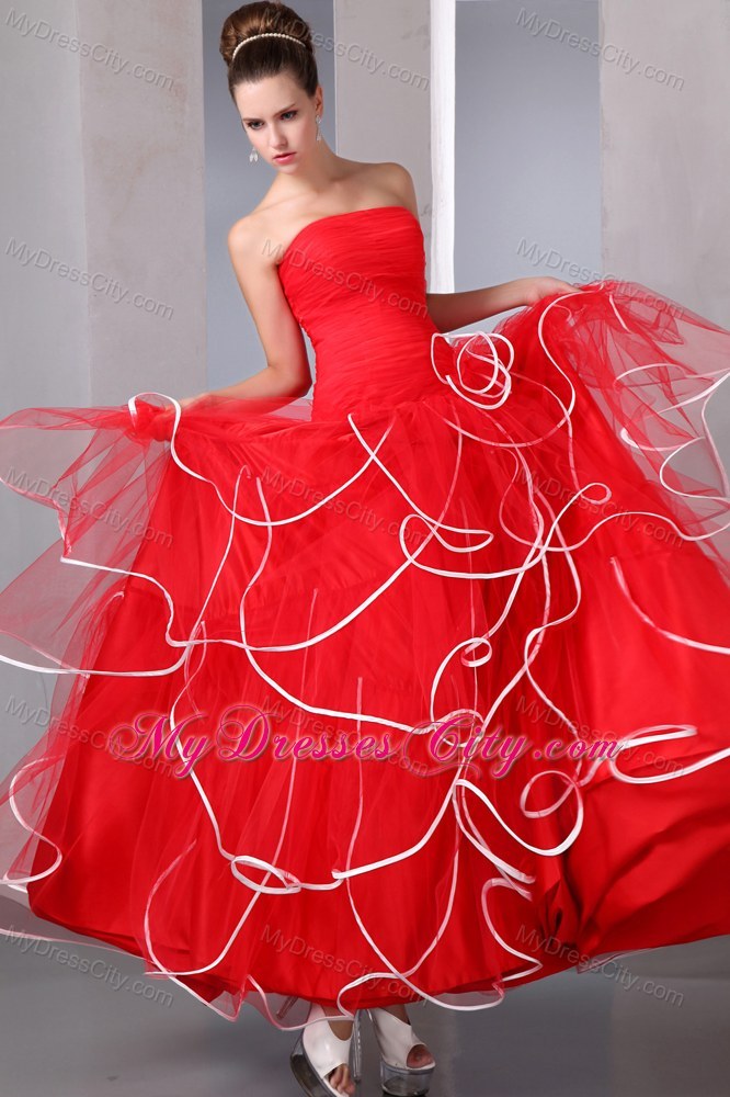 2013 Hot Red Strapless Ruffled Pageant Dress with White Hem