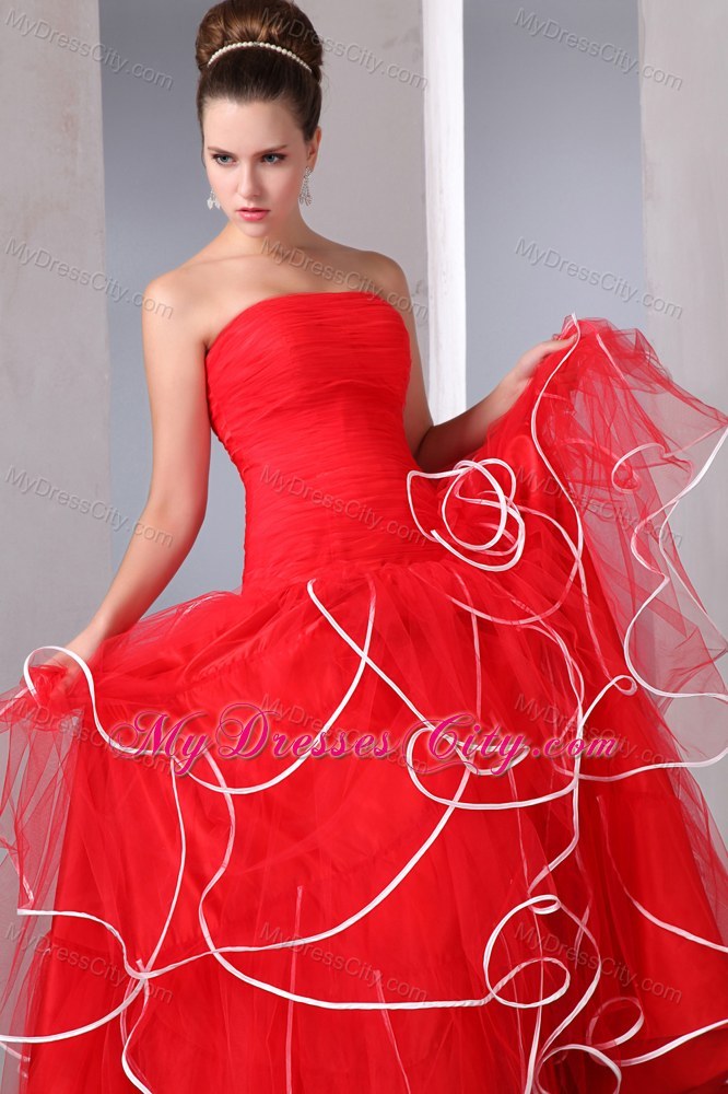 2013 Hot Red Strapless Ruffled Pageant Dress with White Hem