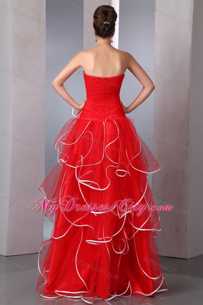 2013 Hot Red Strapless Ruffled Pageant Dress with White Hem