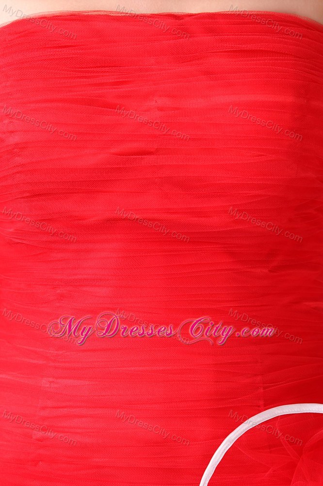 2013 Hot Red Strapless Ruffled Pageant Dress with White Hem