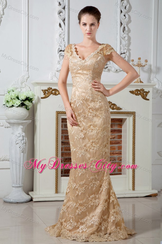 Long Champagne V-neck Lace and Embroidery Pageant Dress